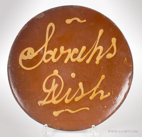 Antique Coggled Rim Redware Plate inscribed Sarah's Dish, Circa 1820 to 1840, entire view