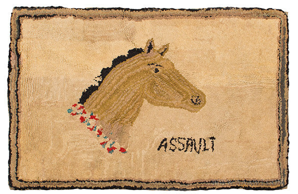 Antique Hooked Rug, Triple Crown Racehorse, Assault, entire view