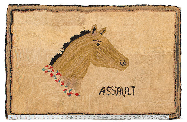 Antique Hooked Rug, Triple Crown Racehorse, Assault, with ruler for scale