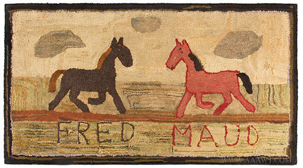 Antique Hooked Rug, Horses, Fred and Maud, Circa 1900, entire view