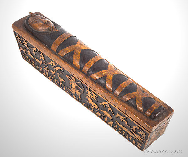 Folk Art Egyptian Style Sarcophagus Form Box, Likely Early 20th Century, angle view