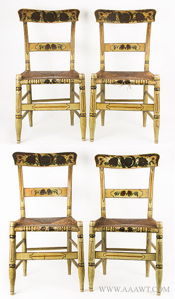 Side Chairs, Rounded Tablet Top, Paint Decorated, Rush Seats, Set of Four
19th Century, entire view