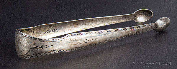 Antique Silver Tongs by John Myers, Philadelphia, angle view 1