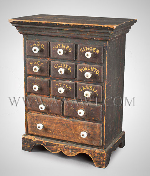 Spice Chest, Original Brown Surface, Yellow Lettering, Porcelain Knobs
Late 19th Century, entire view