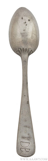 Antique Pewter Spoon, Probably by Christian Will, New York, back entire view