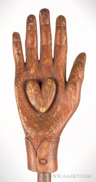 Antique Heart in Hand Staff, Oddfellows, Late 19th Century, heart in hand detail
