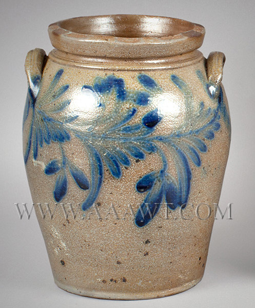 Stoneware Ovoid Crock, 2 Gallon Jar, Brushed Cobalt Flower Decoration
Pennsylvania, unknown maker
Second Half 19th Century, entire view