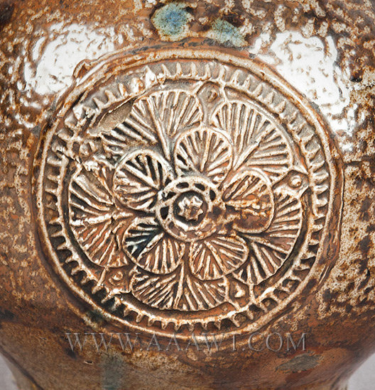 Salt Glazed Stoneware Jug, Dark Brown Tiger Ware, Bartmann, Applied Roundels
Germany
17th Century, side detail