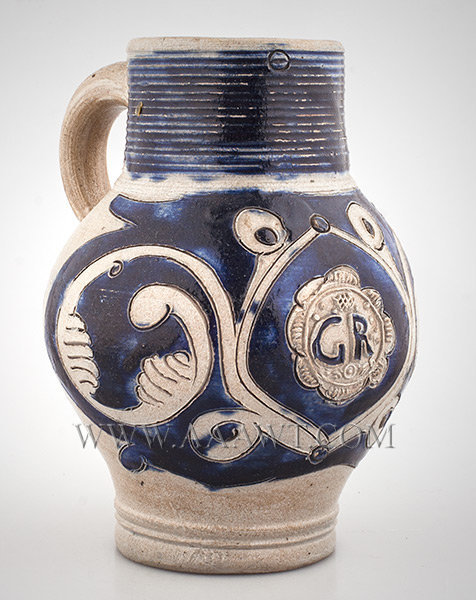 Salt Glazed Stoneware Jug, GR, Picked out in Blue, Scarce Small Size
Westerwald
Germany
Circa 1715 to 1725, entire view