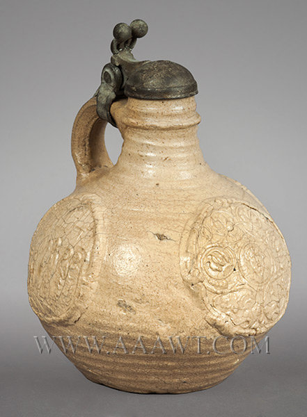 Salt Glazed Stoneware Jug, Small, Pewter Lid
Germany
16th Century, angle view 2
