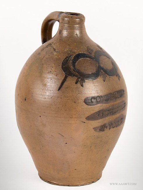 Antique Stoneware Ovoid Jug with Incised Crescents and Tassels, Late 18th Century, angle view 1