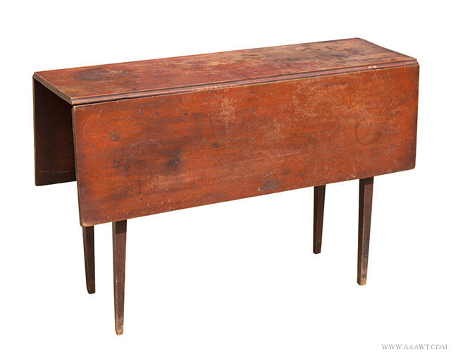 Antique Federal Drop Leaf Table in Original Red, New England, Circa 1790 to 1800, angle view