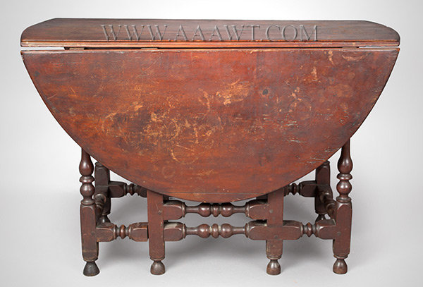Antique Gateleg Table with Classic Turnings and in Original Red Surface, Circa 1710, closed view