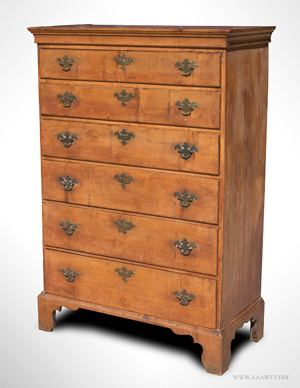 Antique Six Drawer Tall Chest with Original Brasses and Surface, 18th Century, angle view