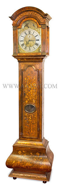 Dutch Longcase Clock, Tall Clock, Carved and Inlaid, Excellent Dial and Movement
Eight Day Movement signed 'Jacob Hasius/Amsterdam'
Jacob Hasius (1682 to 1725), entire view