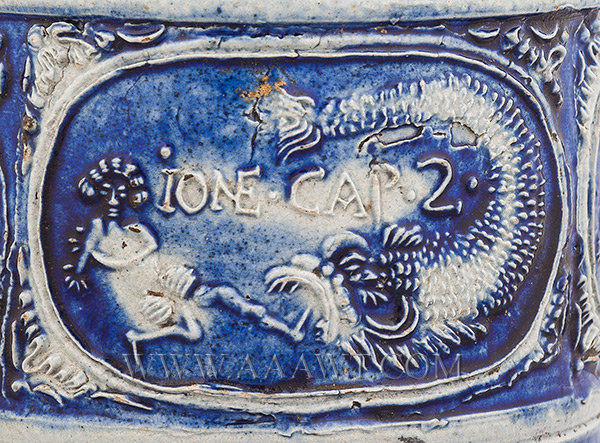 Westerwald Stoneware Tankard, Salt Glazed, Spouted Tankard, Jonah and the Whale,
Germany, Friesen Circa 1700 to 1750, marks detail