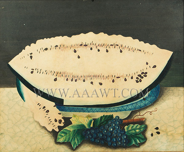 Folk Art Watercolor and Theorem Painting, Watermelon on Platter
New England
Anonymous
19th Century, entire view