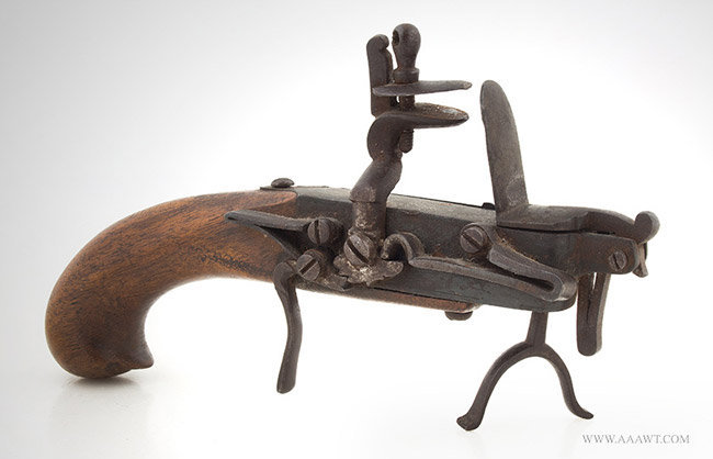 Antique Flintlock Tinder Pistol/Lighter with Birds Head Butt, 18th Century, facing right view