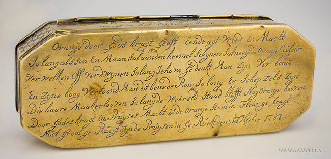 Antique Brass Dutch Tobacco Box, William of Orange, 18th Century, back view