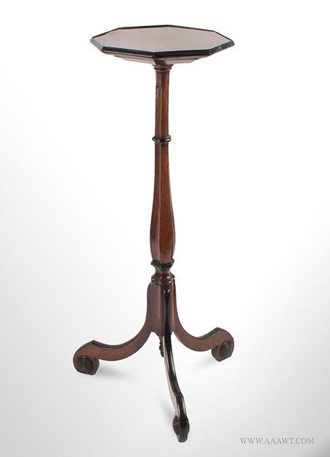 Antique Torchere Stand with Octagonal Top and Scrolled Feet, Early 19th Century, angle view