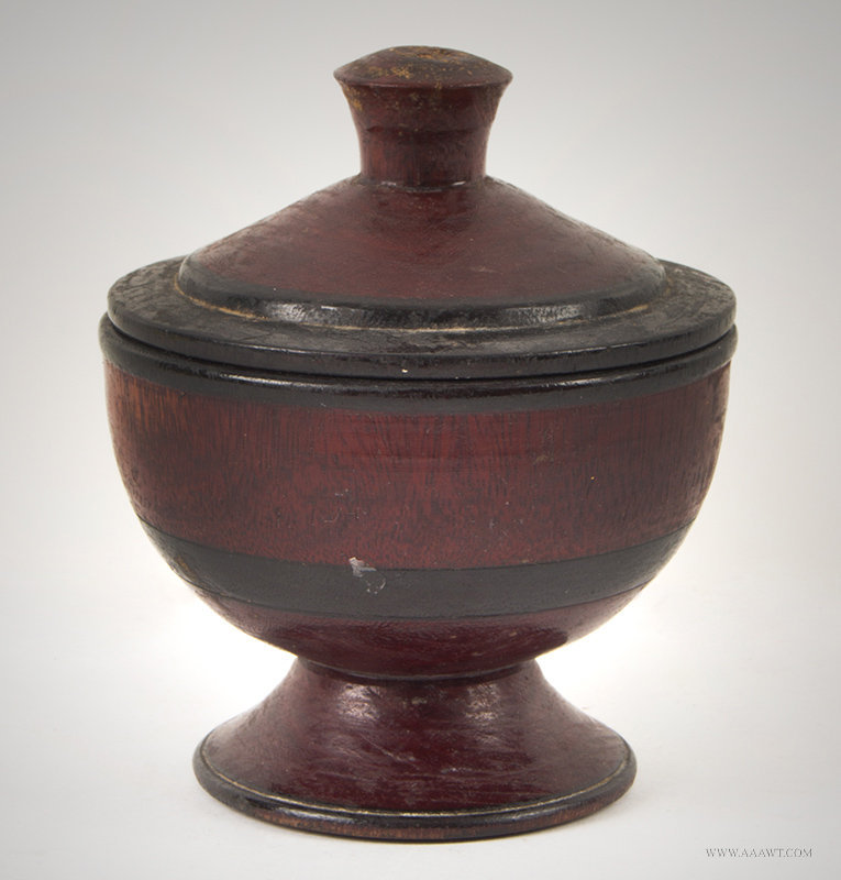 Antique Treen Lidded and Footed Bowl in Red and Black Paint, 19th Century, entire view