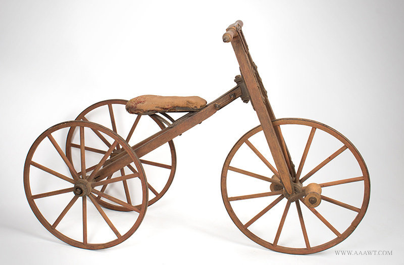 Antique Child's Bone Shaker Tricycle with Wood Frame and Wheels, Circa 1870 to 1880, entire view