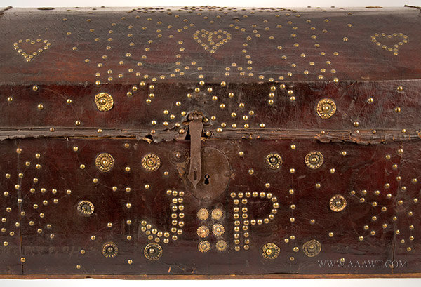 Trunk, Leather Bound, Brass Studded, Repousse Bosses, Doubled Headed Eagle
Possibly Spain, 18th Century, front detail