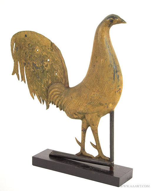 Antique Full Body Gamecock Weather Vane with Copper Body and Embossed Tail, 19th Century, angle view