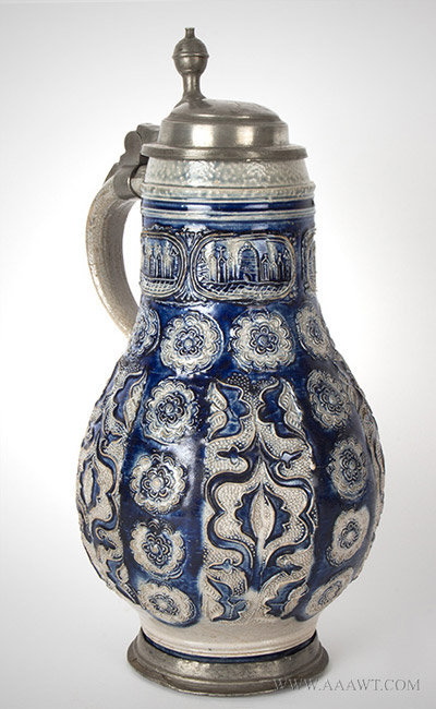 Antique Westerwald Stoneware Krug Jug with City Views, Pewter Mounted, Germany, Circa 1700, left angle view