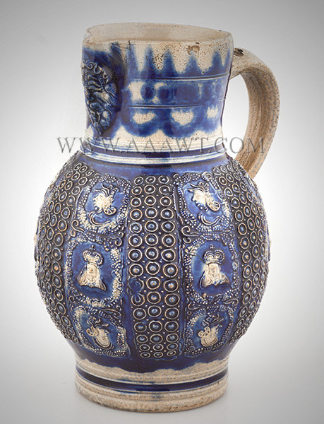 Salt Glaze Stoneware Jug, Queen Mary and Other Nobility Portraits, Lion
Westerwald, Germany
Circa 1690 to 1700, entire view