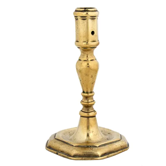 French Louis XIV Brass Candlestick, Baluster Form Stem, Domed Octagonal Base