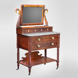 Antique Sheraton Dressing Bureau, Marble Top, Carved Swan Neck Mirror. Inventory Thumbnail