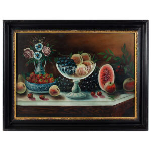 Victorian Still Life Painting, Bountiful Fruits & Floral Arrangement on Sideboard Inventory Thumbnail