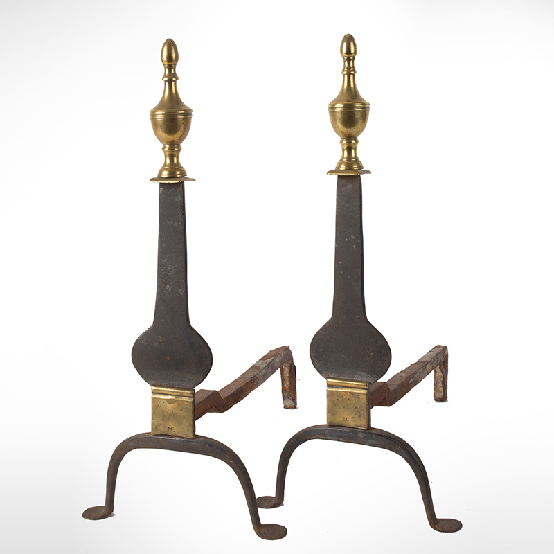 Andirons, Knife Blade Form, Penny Feet, Brass Finials, Stamped IC Inventory Thumbnail