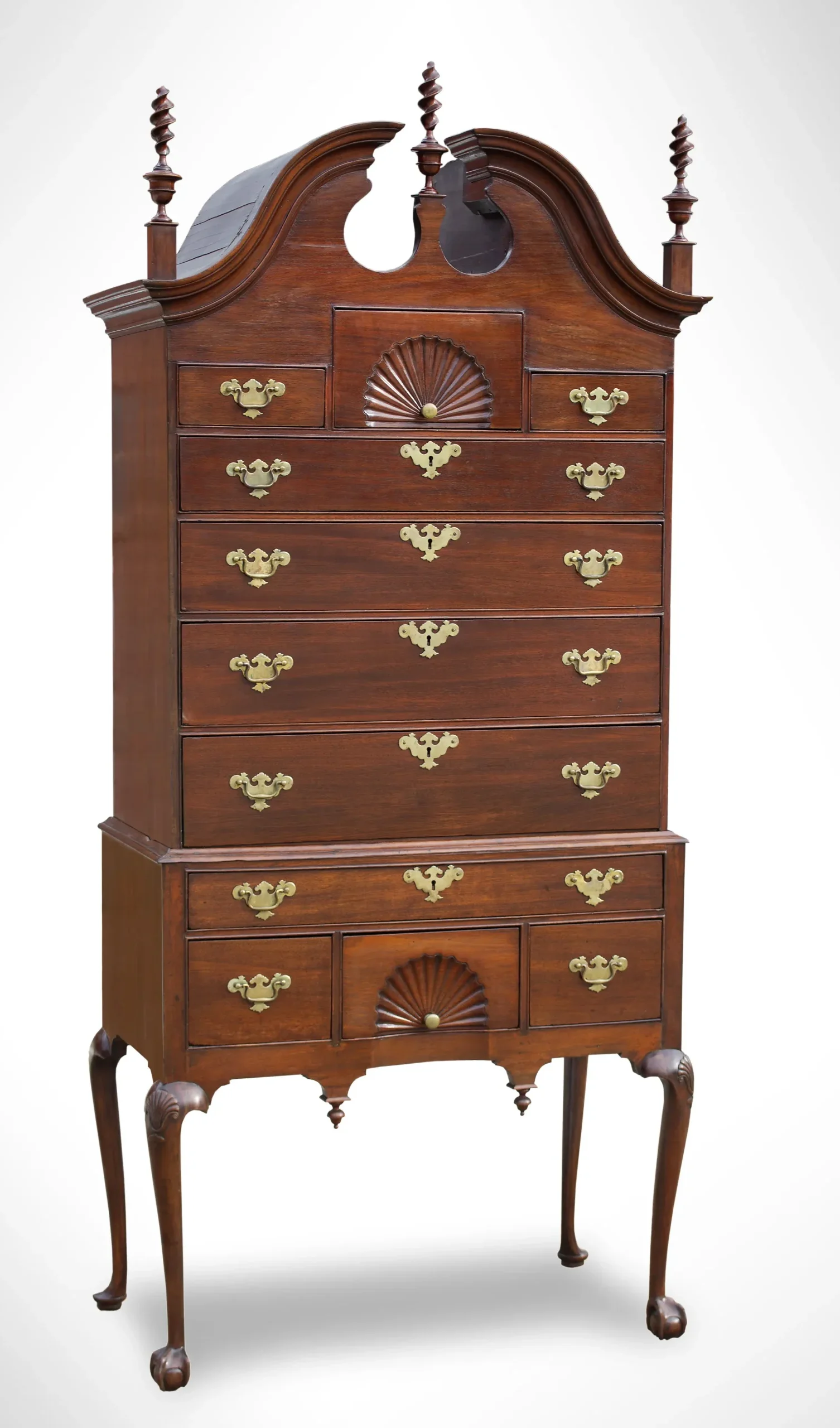 Highboy, Chippendale Bonnet Top, Claw & Ball Feet, Carved Fans & Knees
