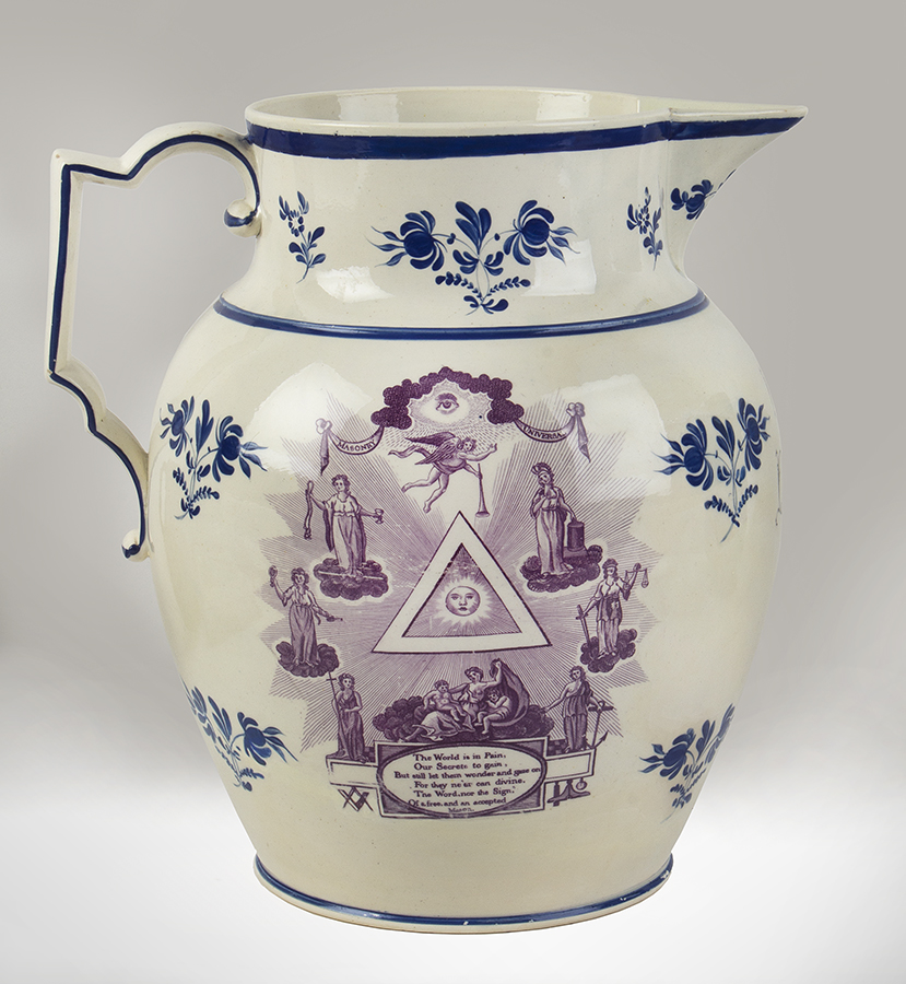 Staffordshire Jug, Large Pitcher, Masonic Symbols & Motto, Purple Transfer, 1800-1815