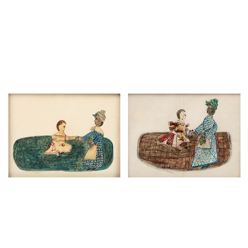 Pair, Folk Art Watercolors, African American Nanny with Caucasian Child