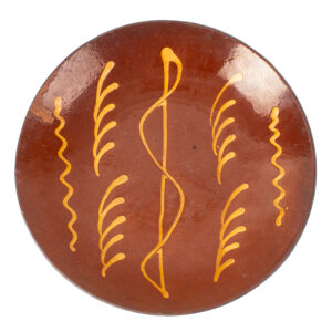 Redware Dish, 13-Inches, Yellow Slip Decoration, Coggled Edge Inventory Thumbnail