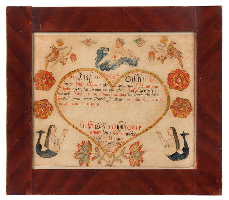Mermaid Fraktur, Birth Record, Taufschein, Lebanon Township