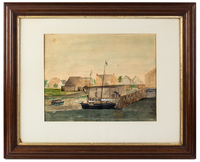 Watercolor, Low Tide Wharf Scene, Ship & Buildings