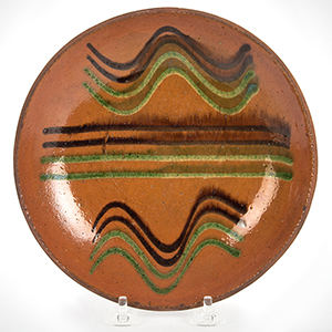 A Fine Redware Dish, Green Copper and Brown Manganese Four Quill Slip Inventory Thumbnail