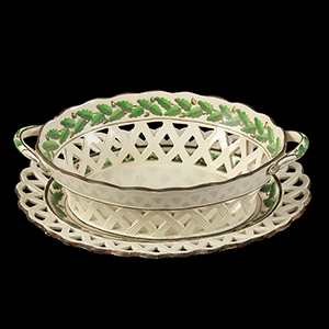 Creamware, Chestnut Basket with Undertray, Reticulated, Hand Painted Inventory Thumbnail