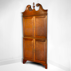 Eighteenth Century Corner Cupboard, Swans Neck Pediment, Carved Rosettes Inventory Thumbnail