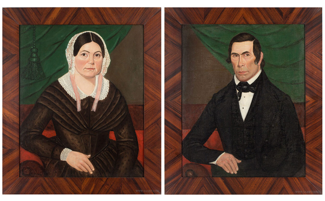 Pair of Folk Portraits of a Lady and Gentleman, Attrib. Jacob Bailey Moore