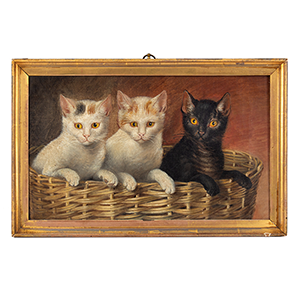 Folk Art Portrait of Three Cats in a Basket Inventory Thumbnail