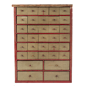 Case of 34-Drawers in Original Sage Green and Red Paint, Turned Wood Pulls Inventory Thumbnail