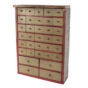 Case of 34-Drawers in Original Sage Green and Red Paint, Turned Wood Pulls Inventory Thumbnail