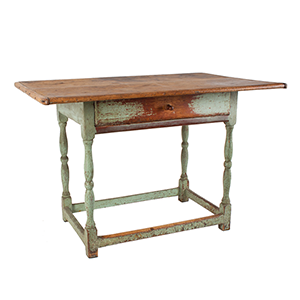 Early American Green Painted Stretcher Base Tavern Table Inventory Thumbnail