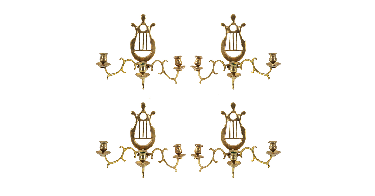 Four Lyre Form Brass Candle Sconces, Three Candle Sockets
