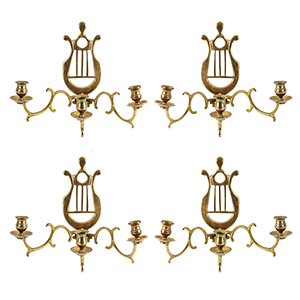 Four Lyre Form Brass Candle Sconces, Three Candle Sockets Inventory Thumbnail